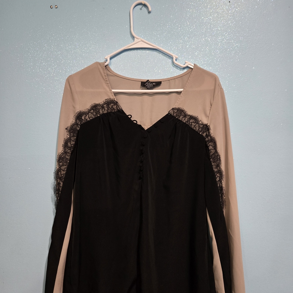 Alfani Black and Light Olive Green Blouse with Lace Accents